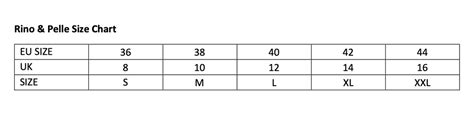 pelle size chart